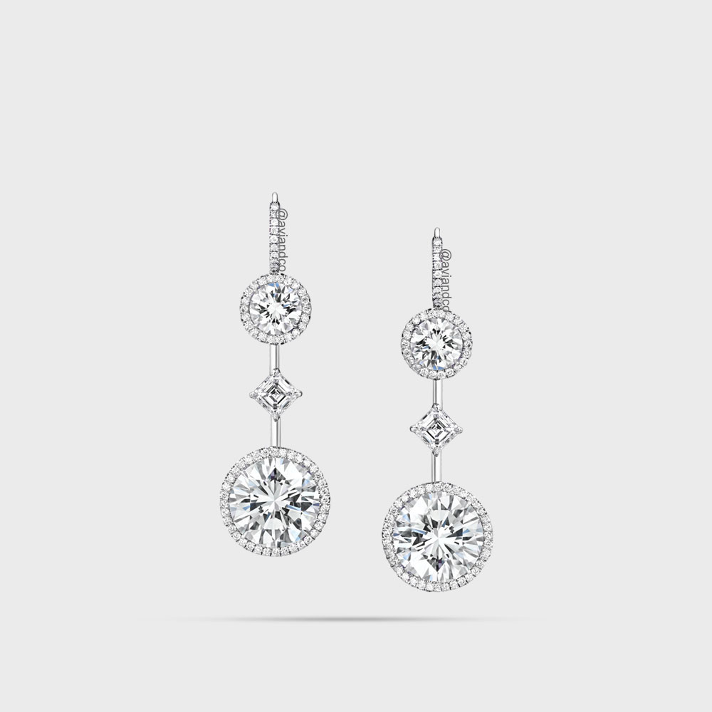Platinum Round & Asscher Cut Dangle Diamond Earrings, C-6.18 CT, S-1.2 CT