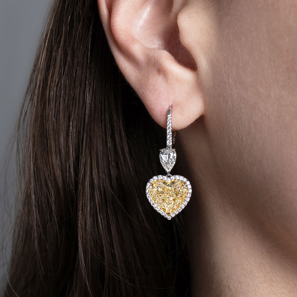 Diamonds by Avi & Co. Platinum and 18K Yellow Gold Heart and Pear Cut Halo Drop Earrings