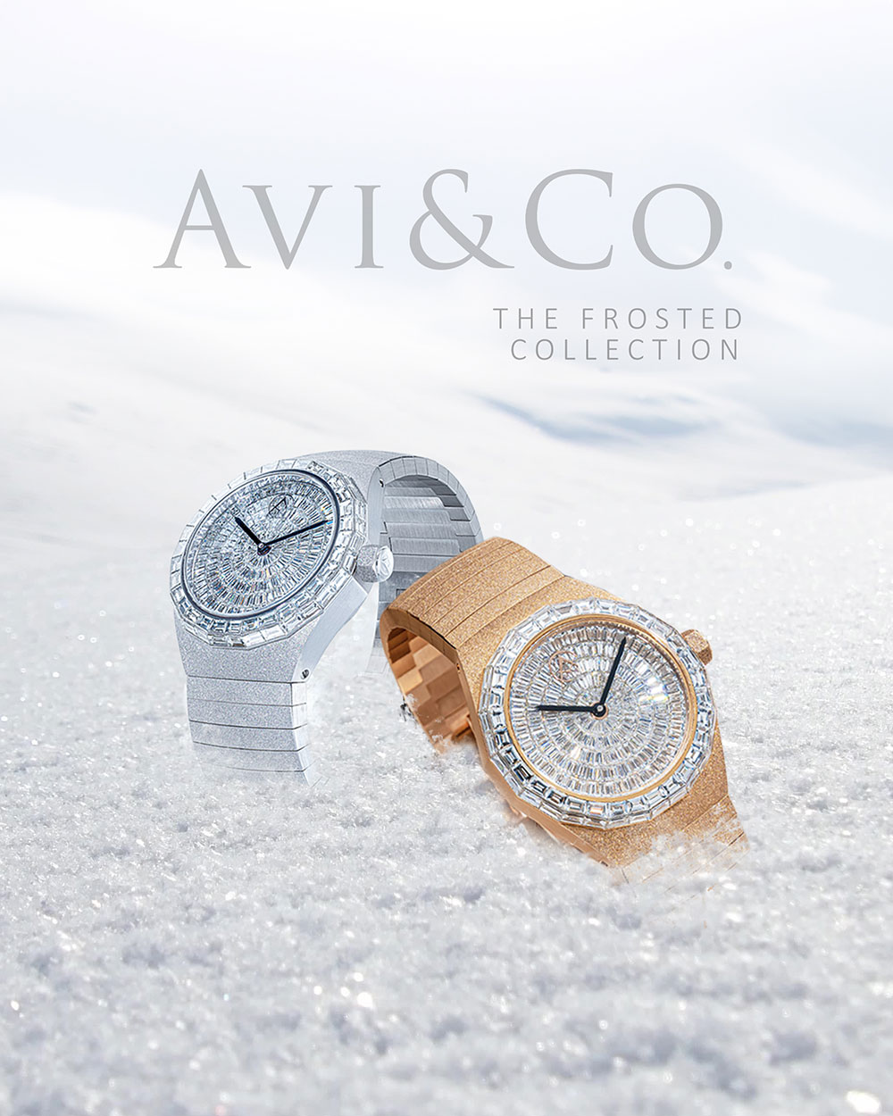 Avi & Co. Frosted Collection watches in the snow, 18k white gold and 18k rose gold watche
