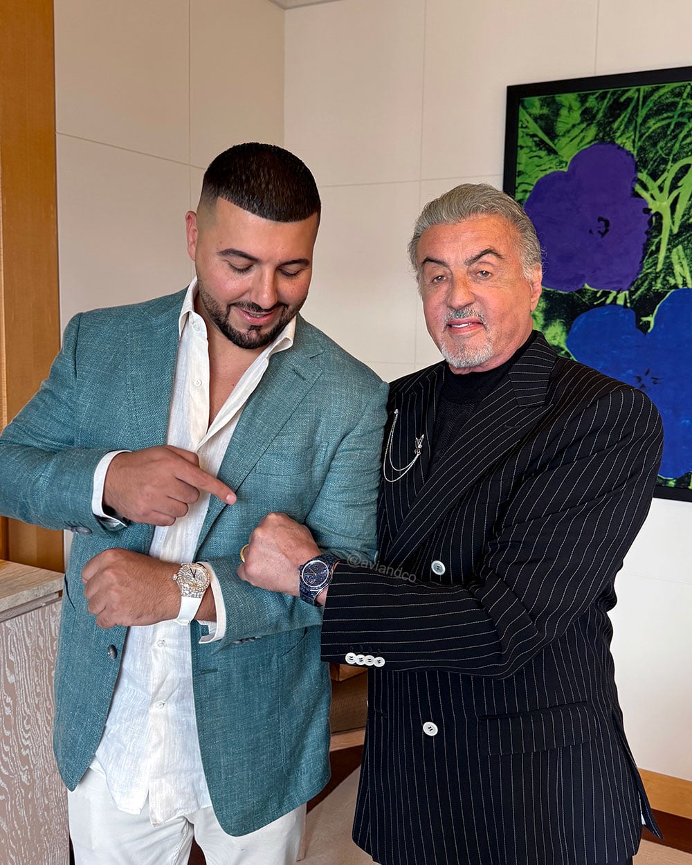 Sylvester Stallone and Avi Hiaeve, both wearing Avi & Co. watches