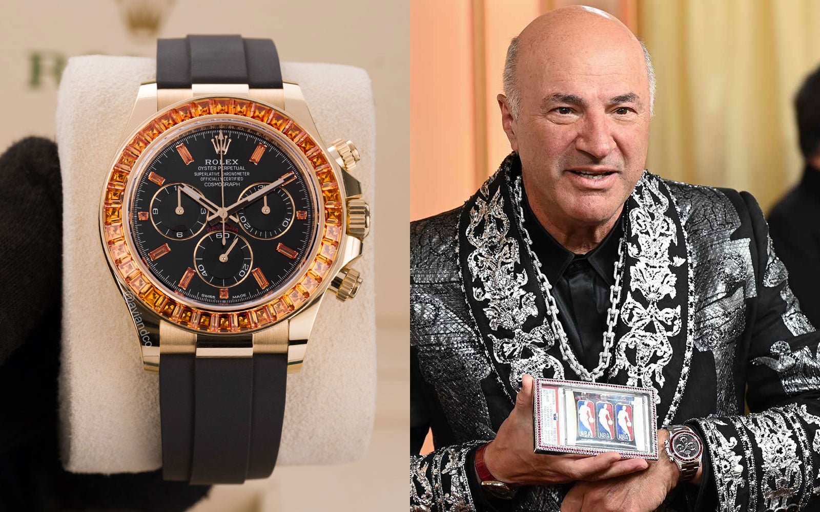 Rolex Daytona, 18K Yellow Gold, Orange Sapphire Bezel, Black Sapphire Index Dial, Kevin OLeary Oscars Watch