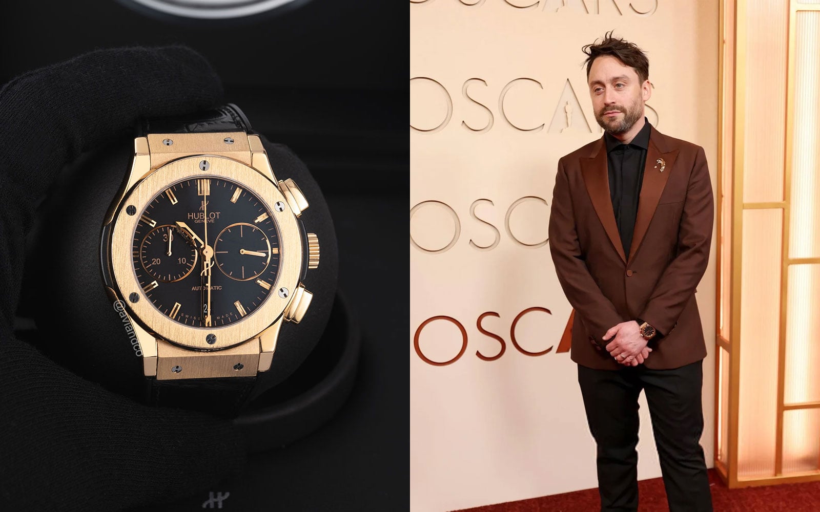 Kieran Culkin wears a Hublot Classic Fusion Chronograph, 18K Rose Gold, Black Index Dial