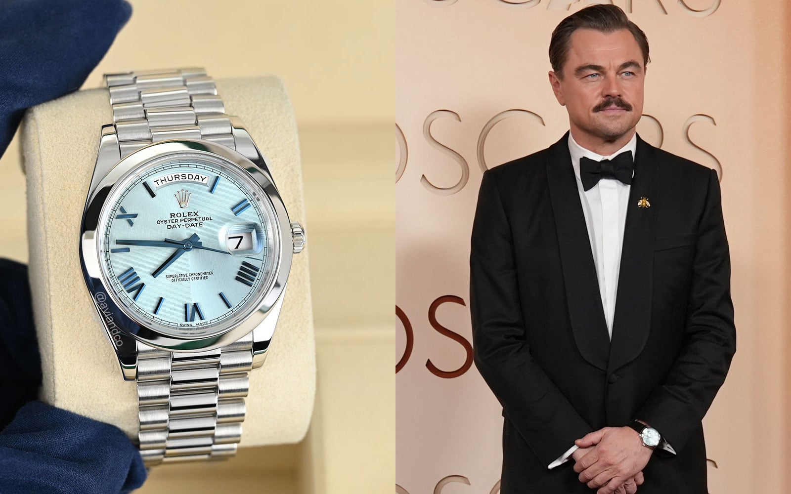Rolex Day-Date 40, President, Platinum, Ice Blue Roman Dial, Leonardo DiCaprio Oscars 2026 watch
