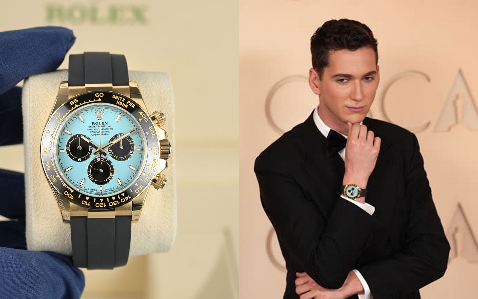 Matt Friend wears Rolex Cosmograph Daytona, 18K Yellow Gold, Tiffany Blue Index Dial, Oysterflex Bracelet