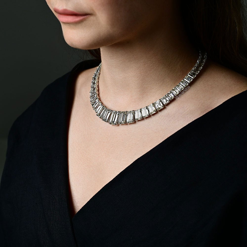 Avi & Co. Graduated Diamond Necklace, 18K White Gold, Emerald Cut Diamonds, 164.02 CT