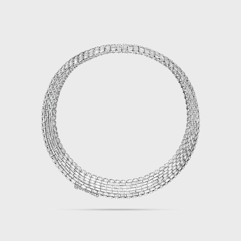 Diamonds by Avi & Co. 18K White Gold Baguette & Round Cut Pectoral Diamond Necklace
