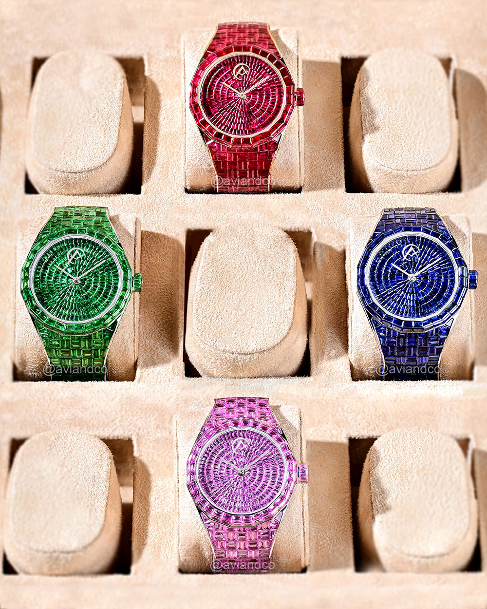 Avi & Co. Hue Collection watches, red ruby, green tsavorite, blue sapphire, and pink sapphire