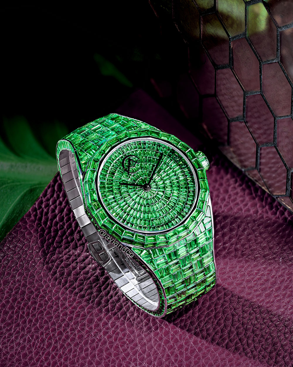 Avi & Co. Hue Collection Green Tsavorite Watch, 18K White Gold, 44 mm