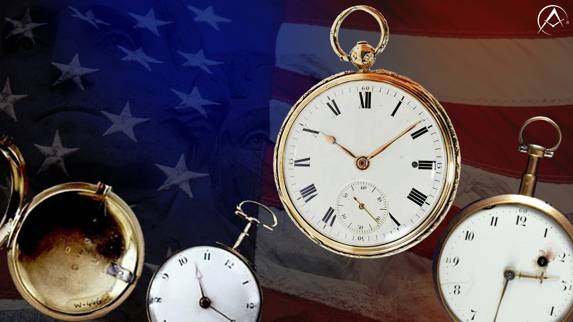 Three Golden Pocket Watches with White Dials Including a James McCabe watch, Jean-Antonine Lepine Watch, and Unknown Swiss Quarter Repeater in Front of an American Flag.
