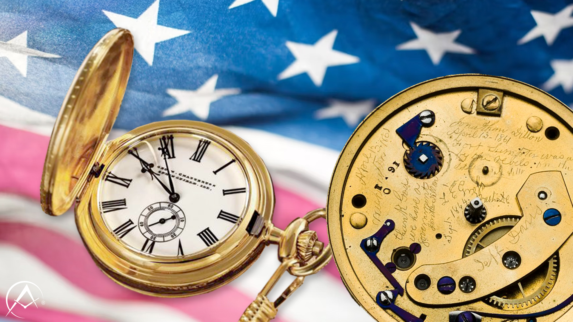 A Gold Stopwatch with White Dial and Black Numerals Sits Open Next to an Engraved Golden Caseback with an American Flag on the Background.
