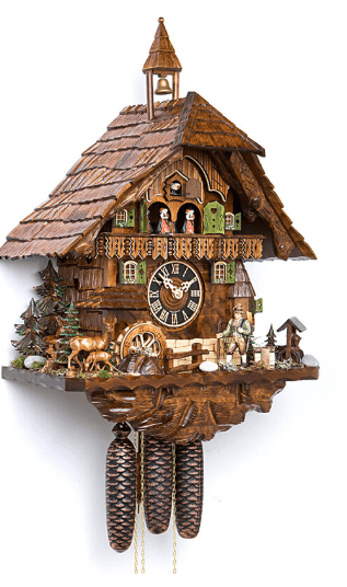 A Dark Brown Wooden Cuckoo Clock of a House with Figurines and a Bell on the Roof.