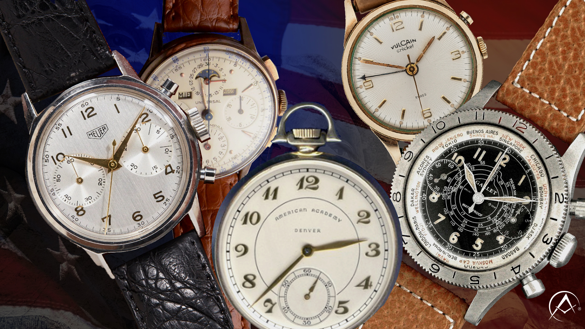 Four Timepieces and One Pocket Watch Including Gallet Flight Officer, Heuer Chronograph, American Academy Denver Pocket Watch, Vulcain Cricket, and Universal Geneve Tri-Compax Displayed in Front of American Flag.