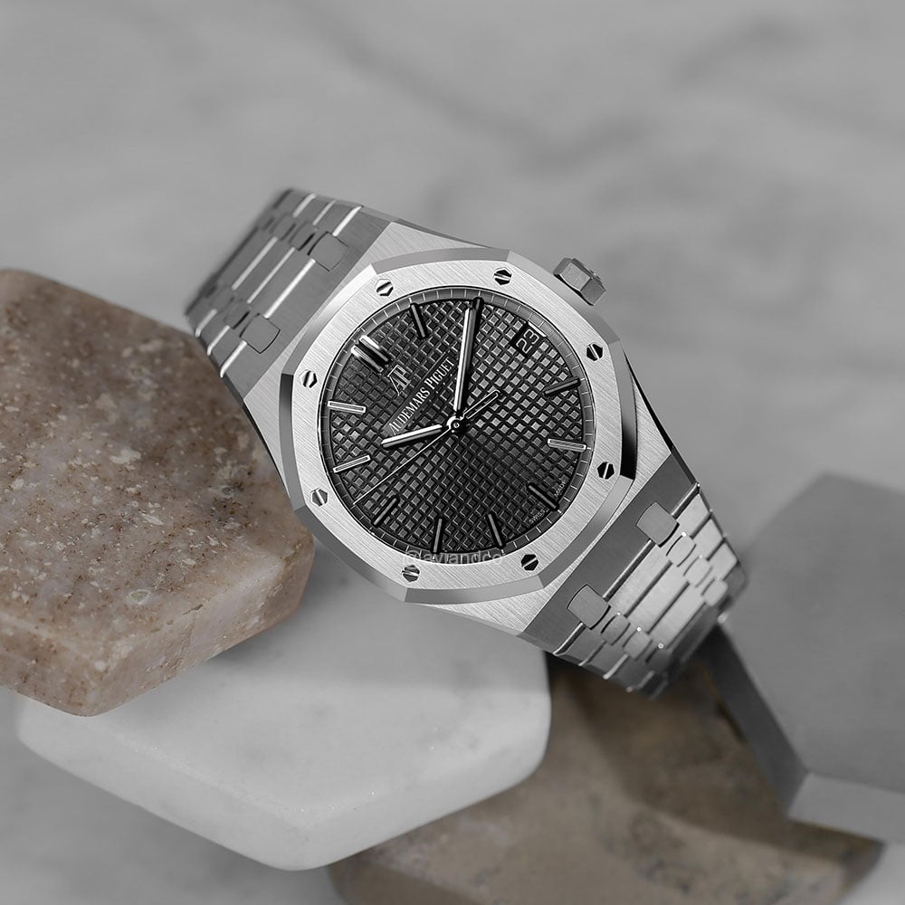 Audemars Piguet Royal Oak watch, steel band and black face