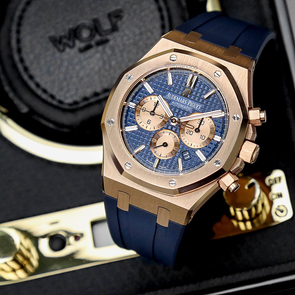 Audemars Piguet Royal Oak watch rose gold beze,, navy face, navy rubber strap