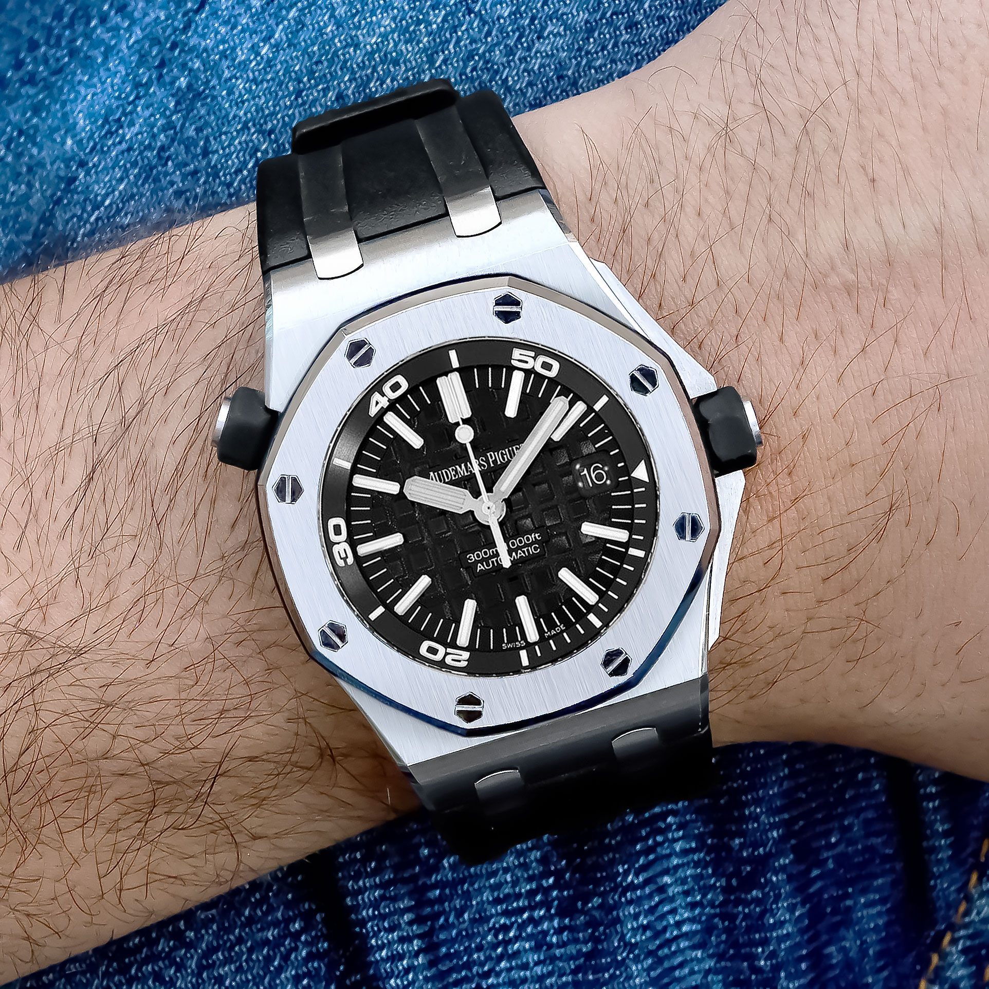 Audemars Piguet Royal Oak Offshore "Diver" edition watch, black face, index dial, steel case, black strap rubber