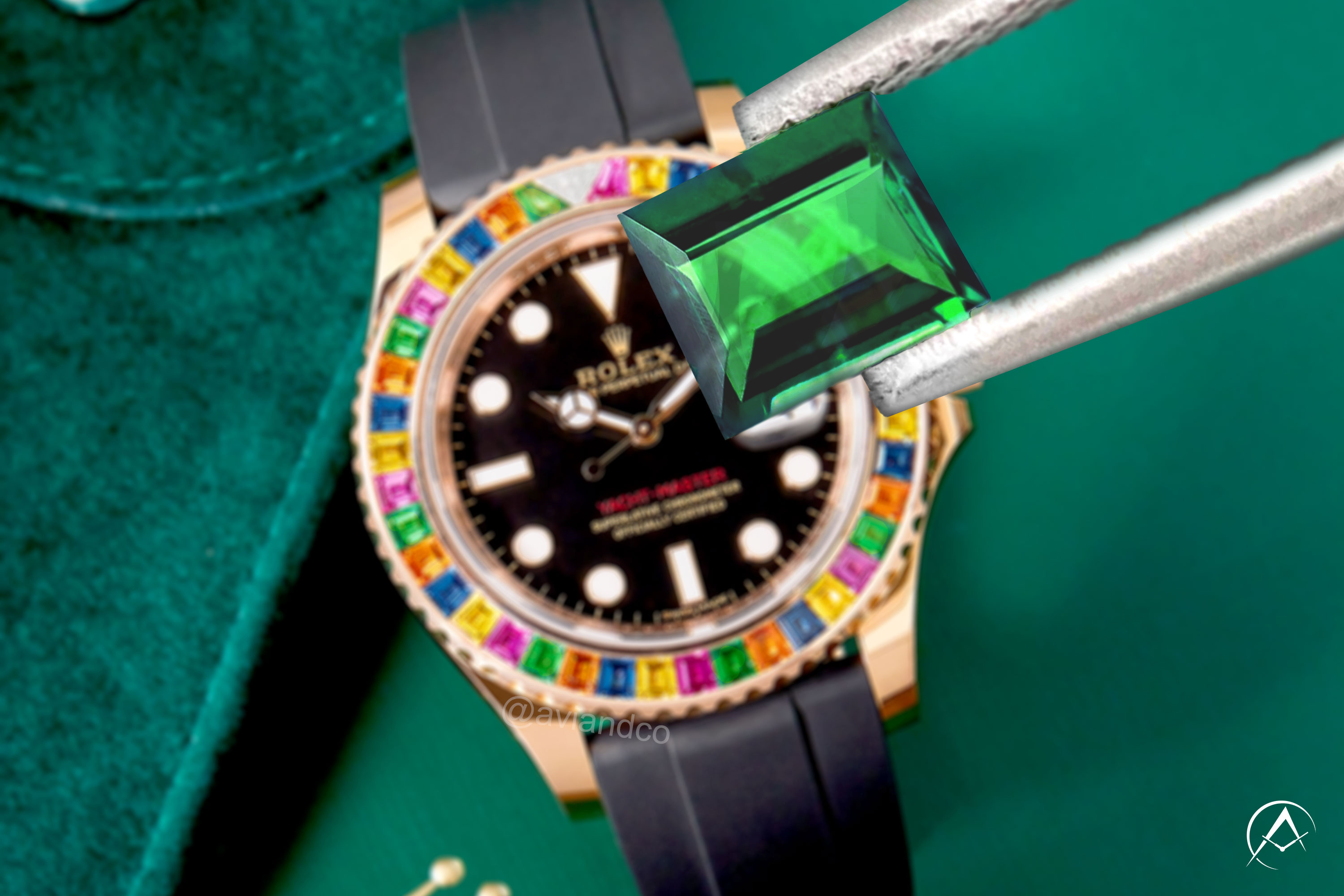 Green Tsavorite in front of a Rolex watch