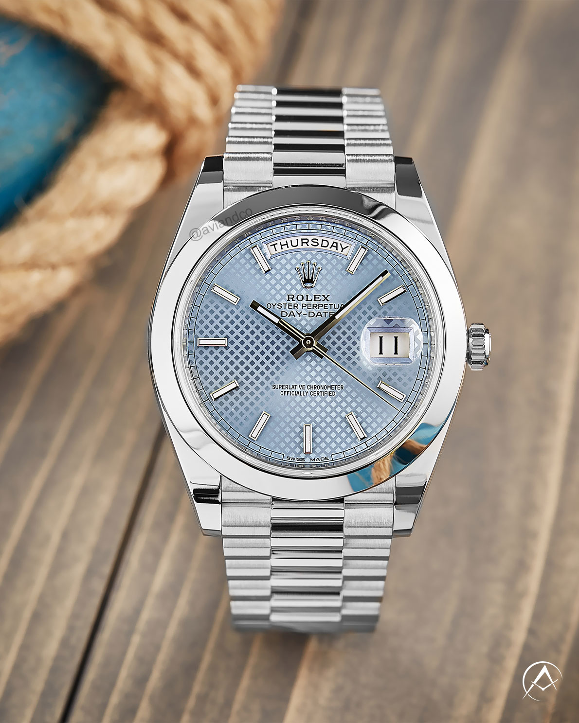 Platinum Rolex Day-Date 40 watch with ice blue face and diagonal motif dial, 40 mm