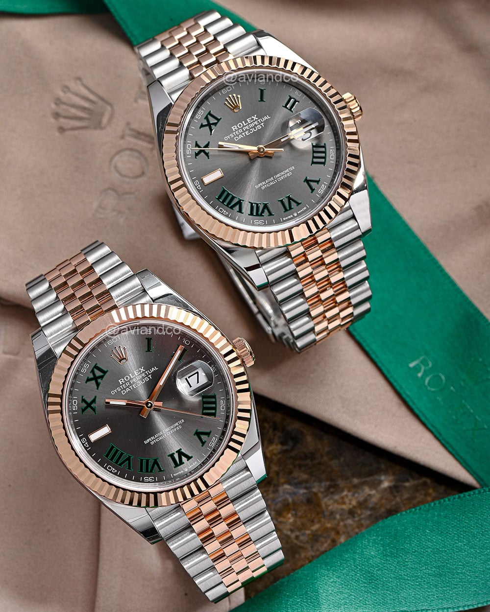 Rolex Datejust with Wimbledon face, rose gold and steel band and green numerals