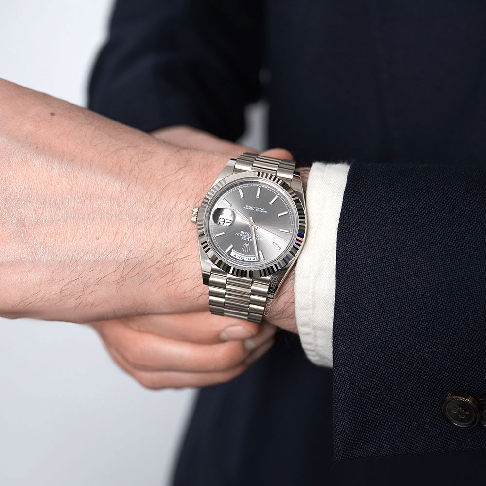 Rolex Day-Date 228239, President, 18K White Gold, Slate Grey Index Dial, 40 mm