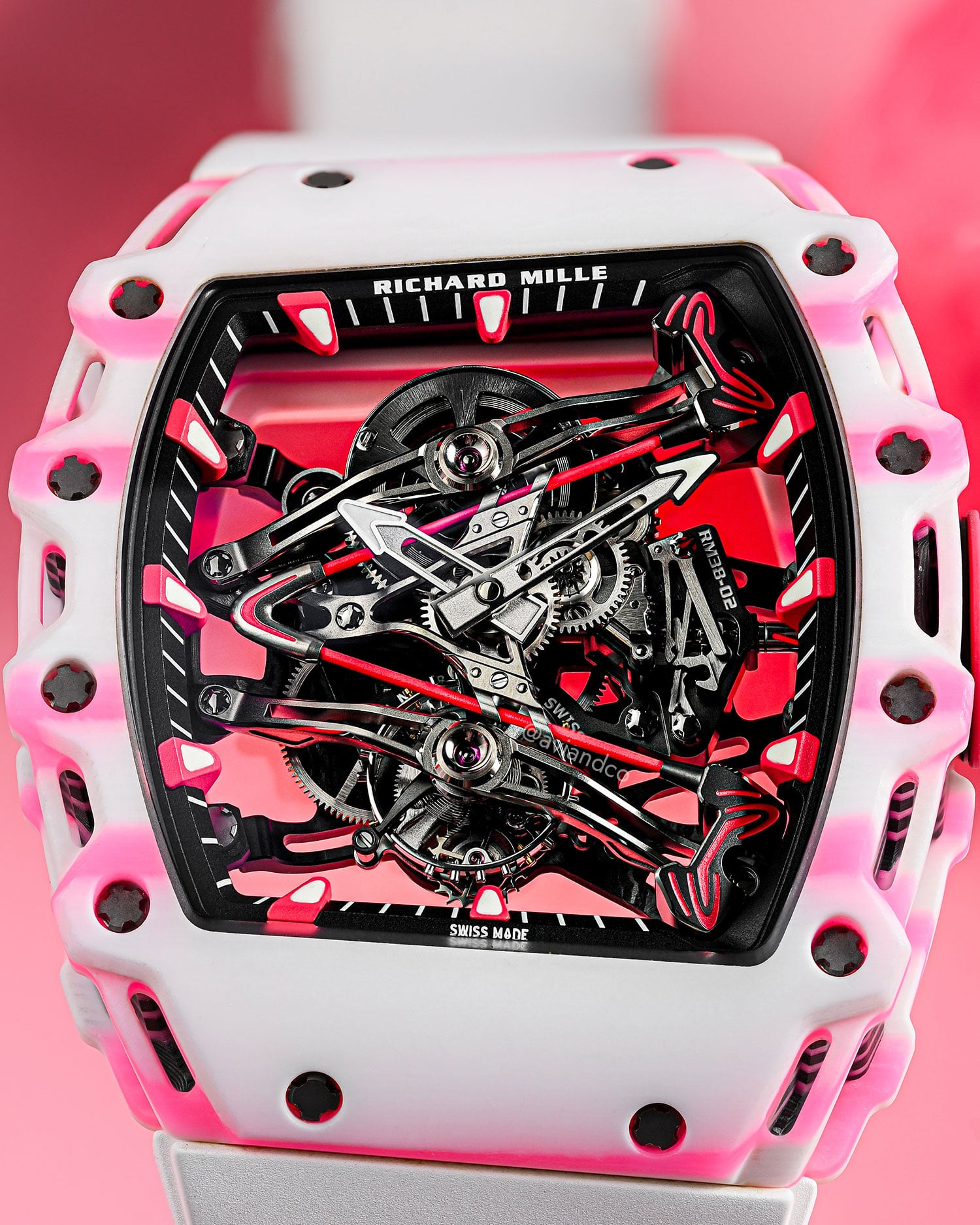 Closeup of dial on the RM 38-02 Bubba Watson Pink Tourbillon watch