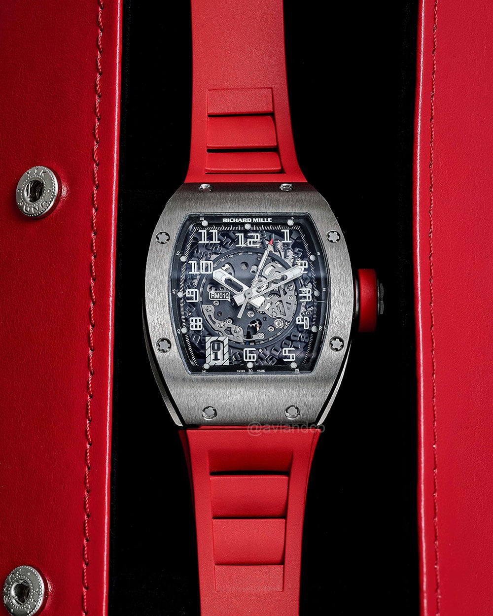 Richard Mille RM 010, 18K White Gold, Transparent Dial, Red Strap