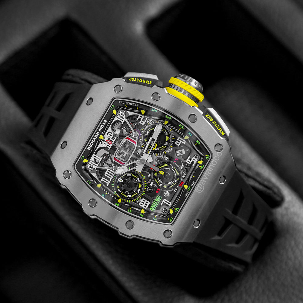 NTPT Carbon Luxury Timepiece with Skeleton Dial, Yellow Rubber Strap, and Automatic Calibre.