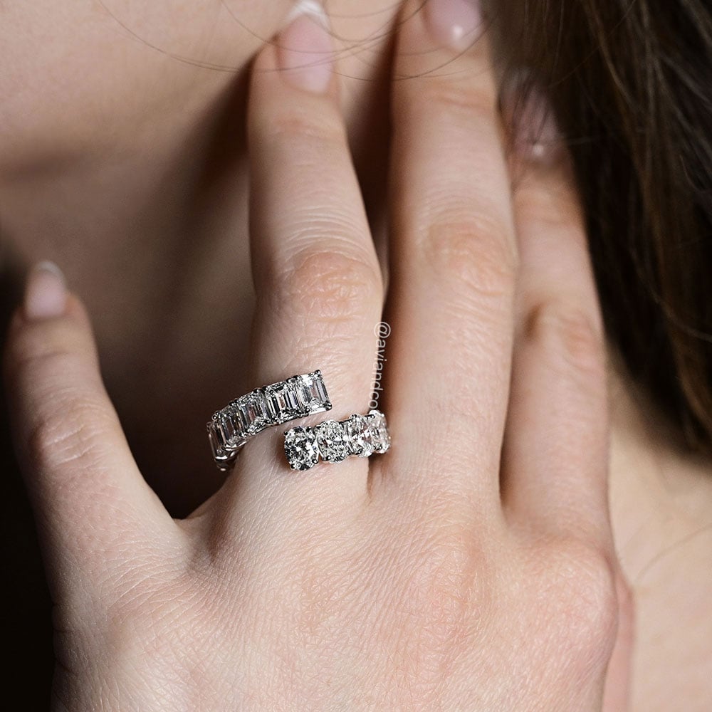 Diamonds by Avi & Co. Emerald and Oval Cut Diamond Bypass Ring, 18K White Gold