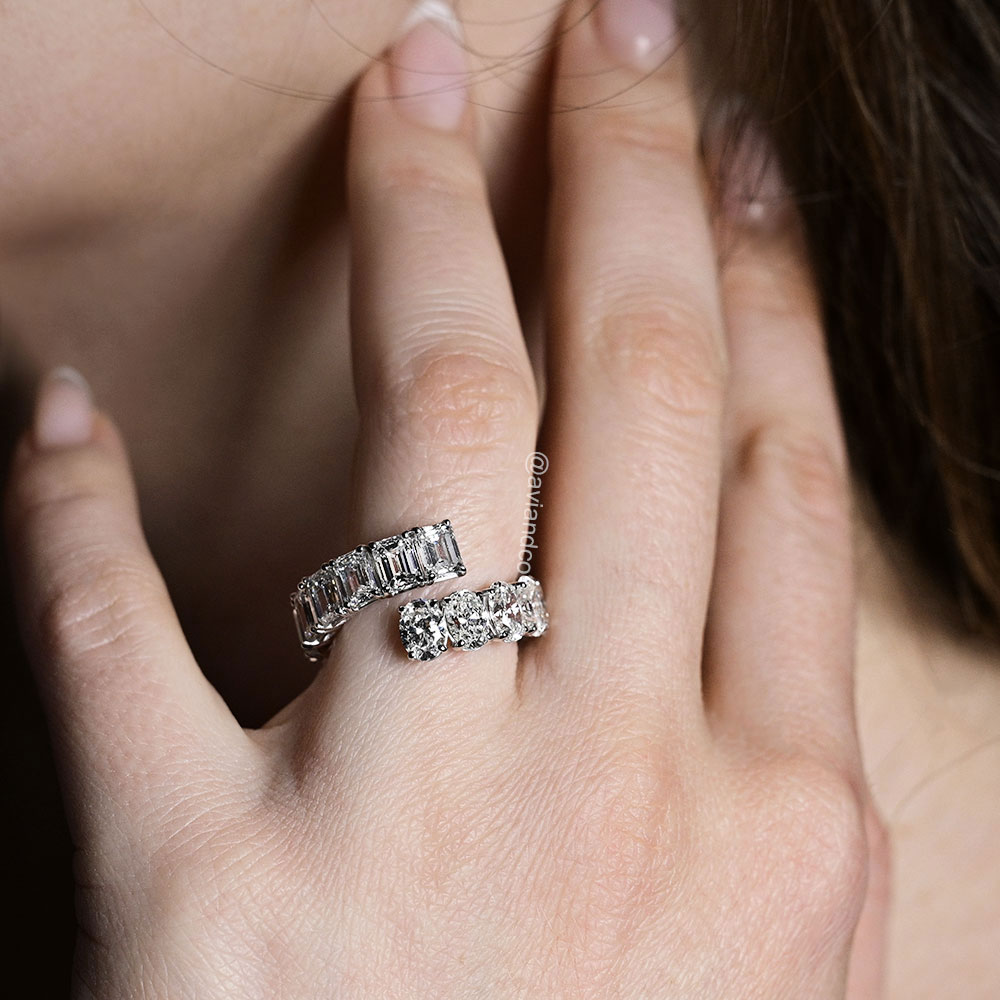 Diamonds by Avi & Co. 18K White Gold Emerald and Oval Cut Diamond Bypass Ring