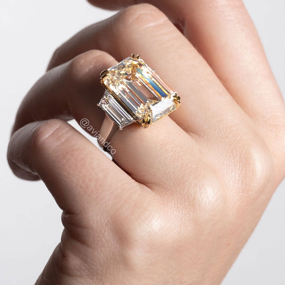 Diamonds by Avi & Co. Fancy Yellow Diamond Three-Stone Ring, Platinum and 18K Yellow Gold, Emerald and Trapezoid Cut