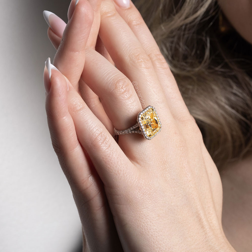 Diamonds by Avi & Co. Platinum and 18K Gold Radiant Cut Fancy Yellow Diamond Halo Ring
