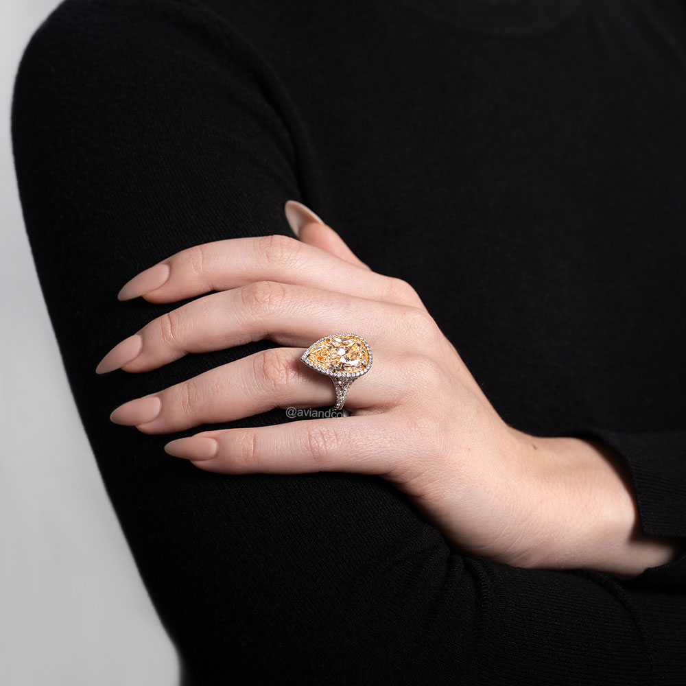Diamonds by Avi & Co. Fancy Yellow Pear Diamond Halo Ring, Platinum & 18K Yellow Gold