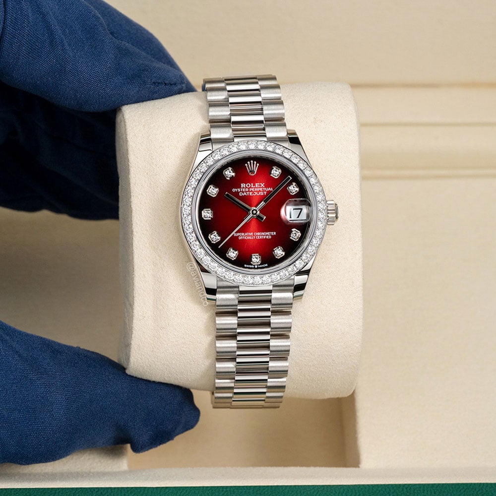 Rolex Datejust 31, 18K White Gold, Red Ombre Diamond Dial, Presidential Bracelet