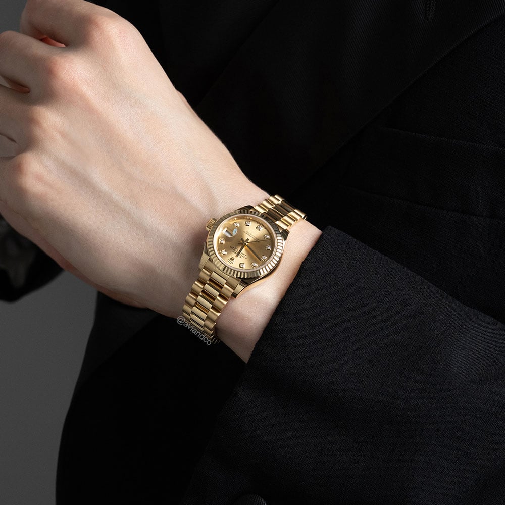 Rolex Datejust 28, 18K Yellow Gold, Champagne Diamond Dial, Presidential Bracelet