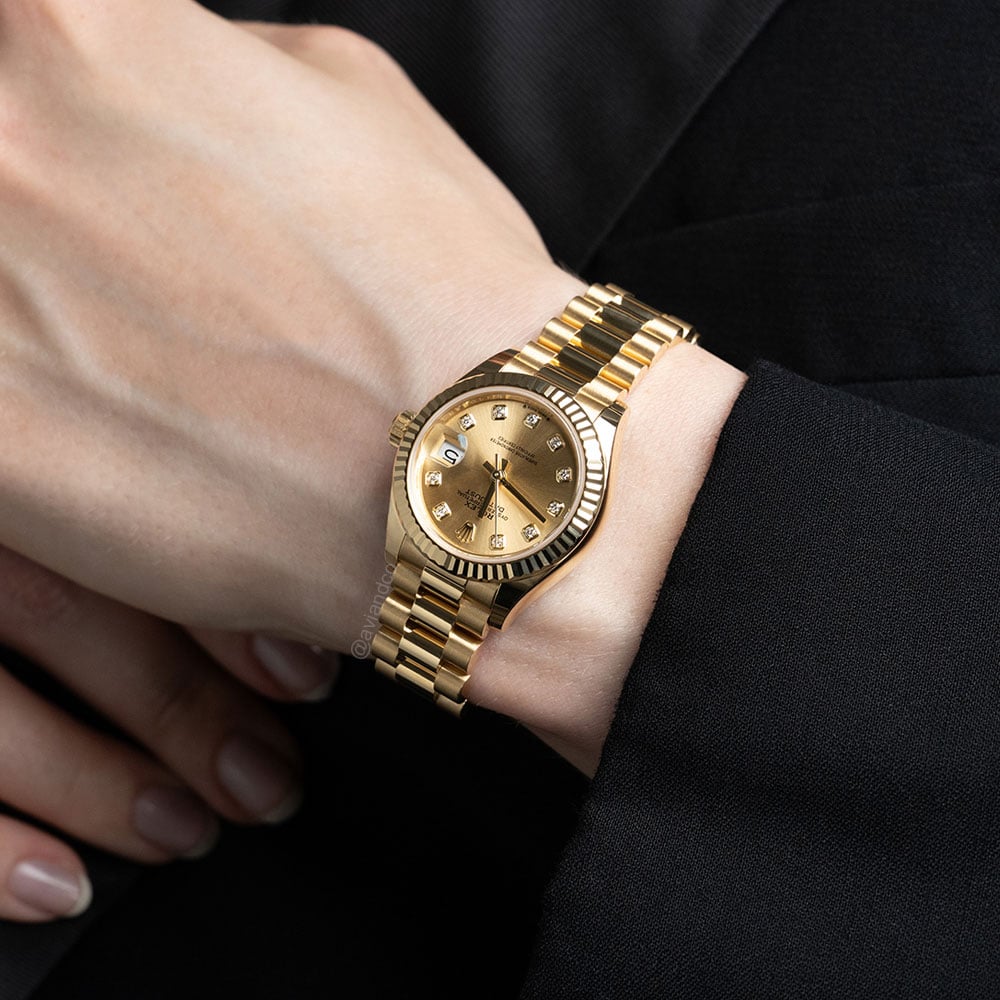 Rolex Datejust 28, 18K Yellow Gold, Champagne Diamond Dial, Presidential Bracelet