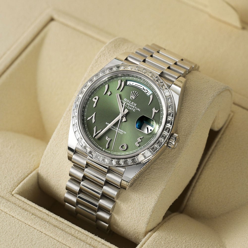 Rolex Day-Date 40, Platinum, Olive Green Arabic Language Dial, Baguette Diamond Bezel