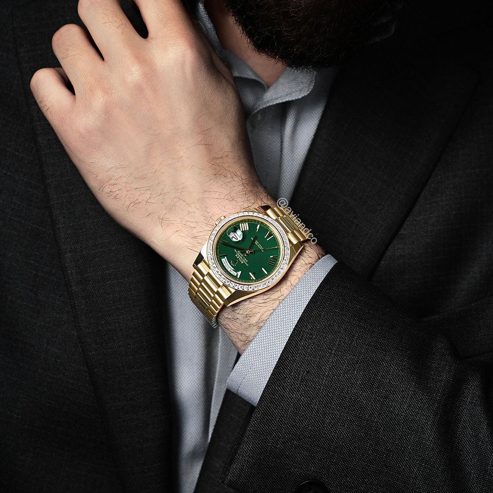 Rolex Day-Date 40, 18K Yellow Gold, Green Roman Dial