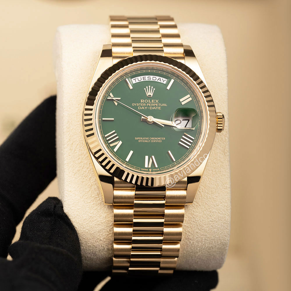 Rolex Day-Date 40, 18K Rose Gold, Olive Green Roman Dial, Presidential Bracelet