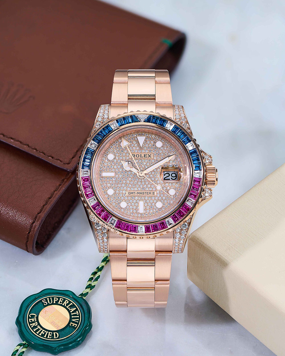 Rolex GMT-Master II, 18K rose gold, diamond dial