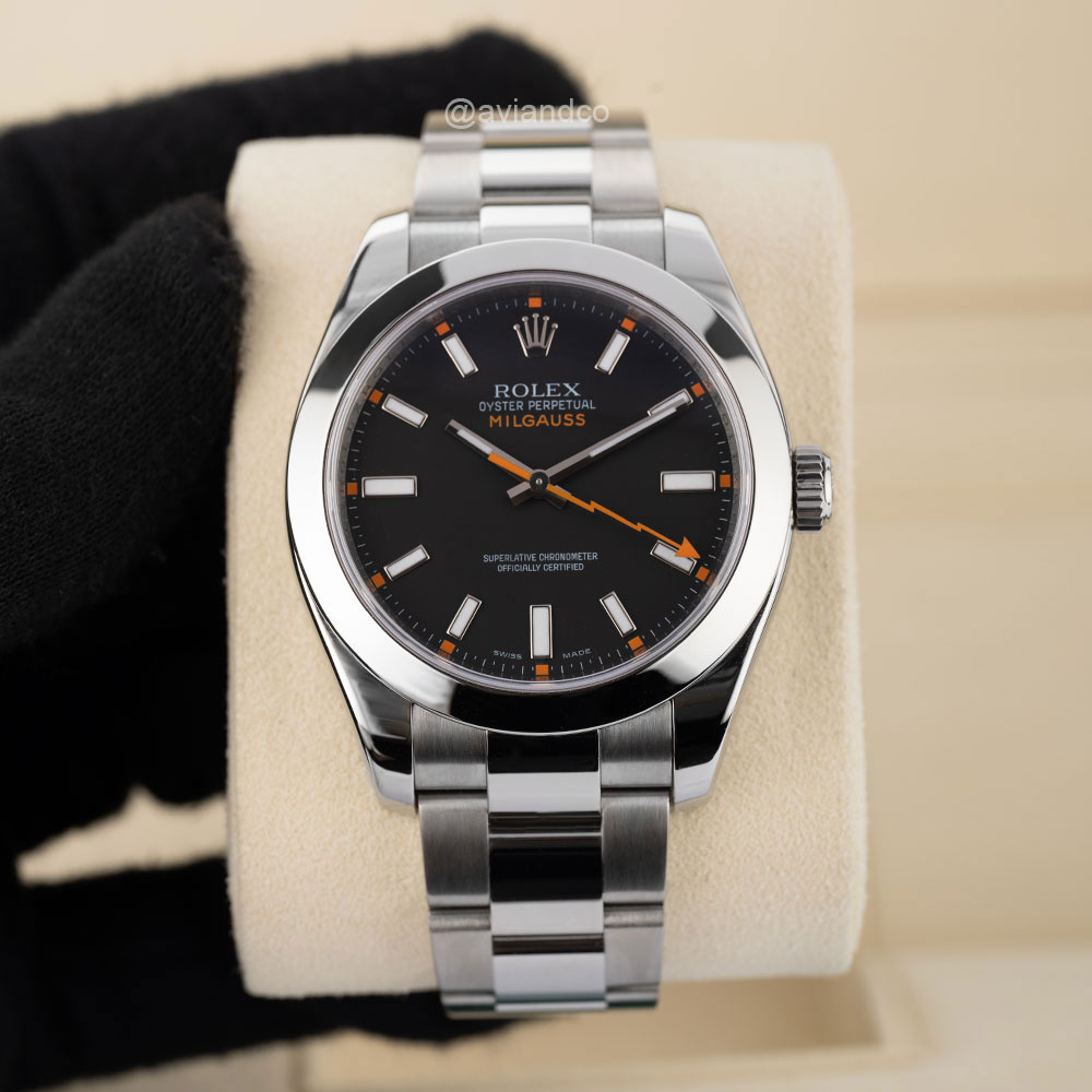 Rolex Milgauss with 40 mm Stainless Steel Case, Black Dial, Smooth Bezel, and a Magnetic Shield to Protect the Watch’s Movement.