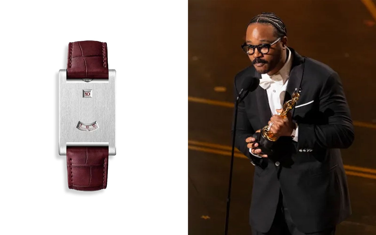 Ryan Coogler wears a Cartier Tank a Guichets, Platinum, White Dial