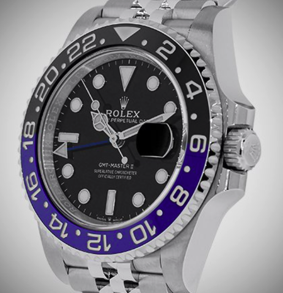 Close-up of the dial and bezel on the updated Rolex GMT-Master II “Batman” watch
