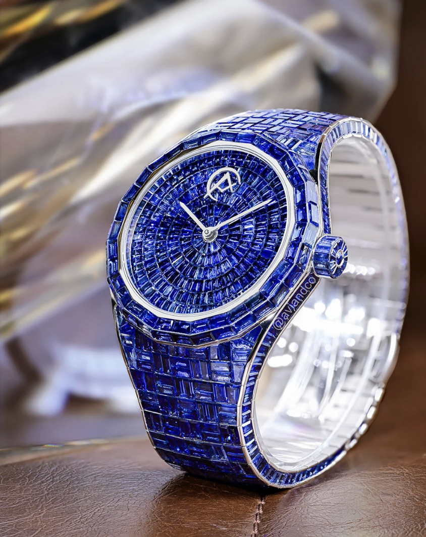 Avi & Co. Hue Collection Blue Sapphire Watch, 18K White Gold, 44 mm