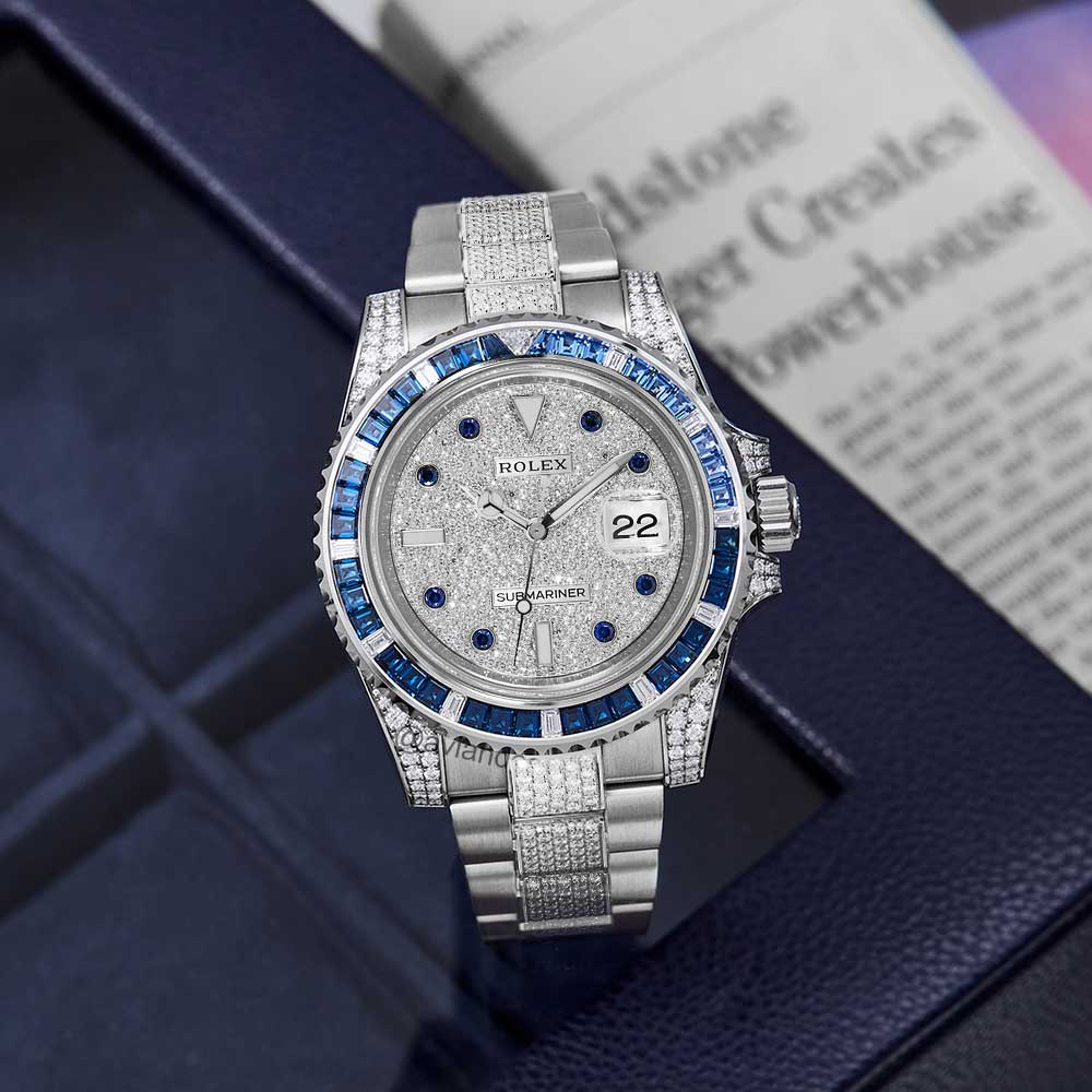 Rolex Submariner, 18K white gold, sapphire bezel, pave dial, 40 mm