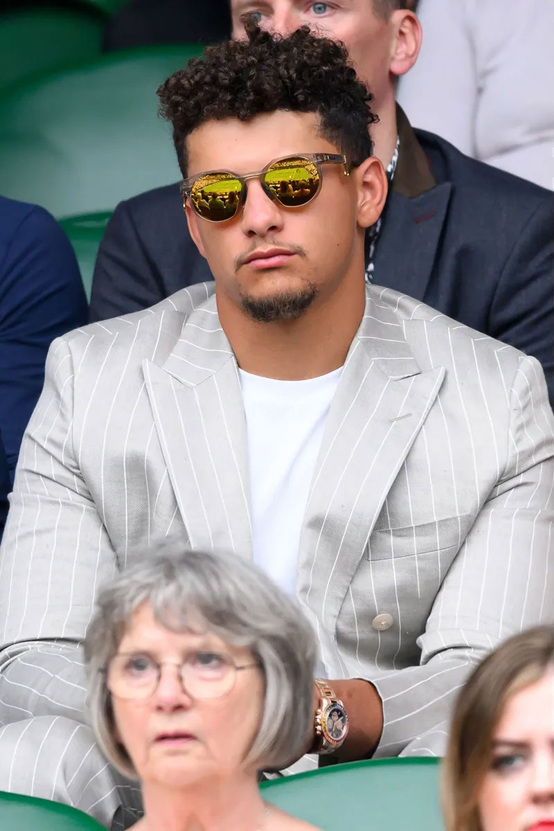 Patrick Mahomes wearing a rainbow Rolex Daytona at Wimbledon 2024
