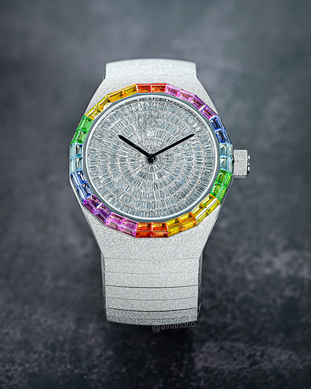 Avi & Co. Frosted Rainbow Watch, 18K White Gold, Diamond Dial, Sapphire Bezel, 44 mm
