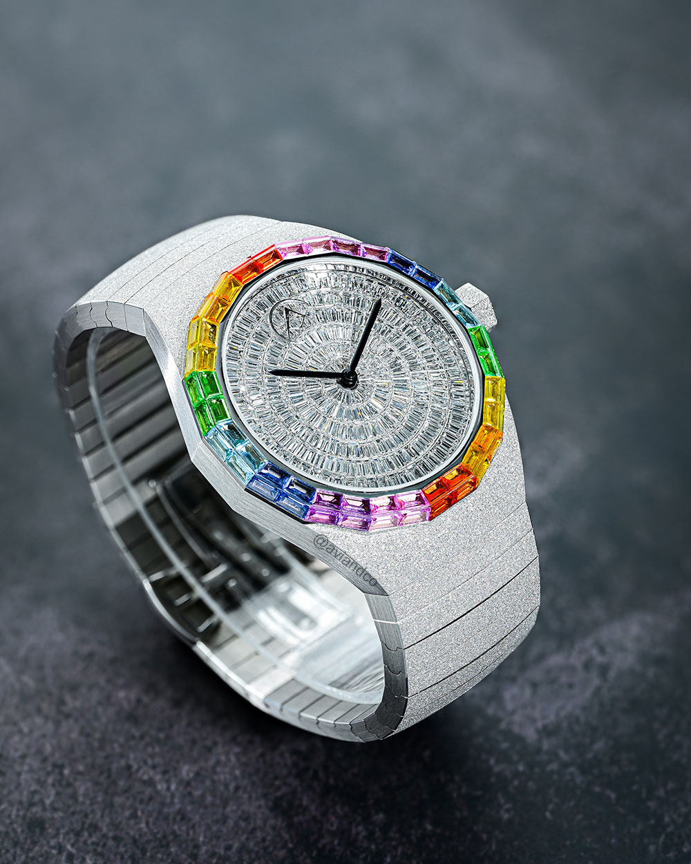 Avi & Co. Frosted Rainbow Watch, Limited Edition, 18K White Gold, Diamond Pave Dial, 44 mm