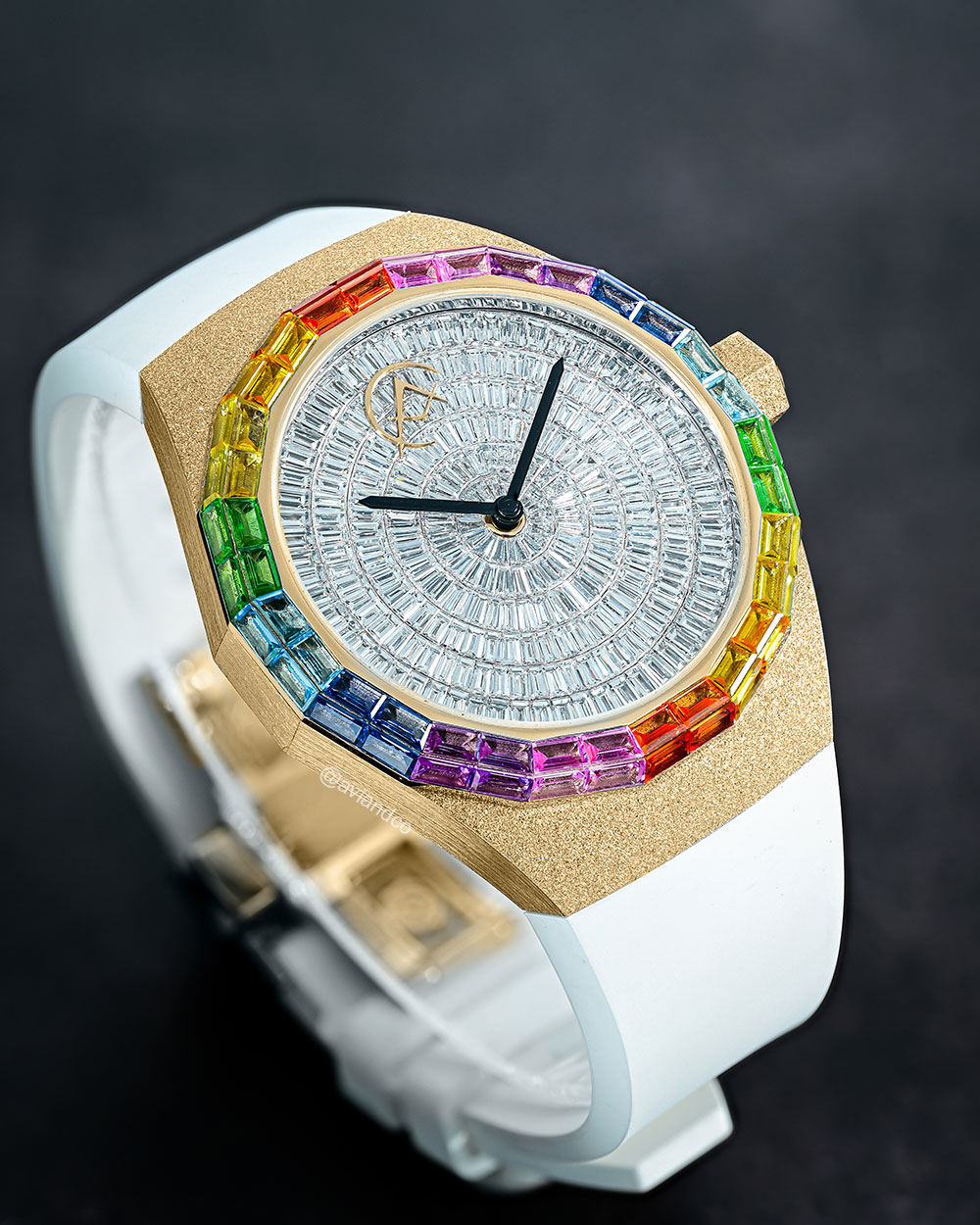 Avi & Co. Frosted Rainbow Watch, 18K Rose Gold, White Rubber Strap, 44 mm