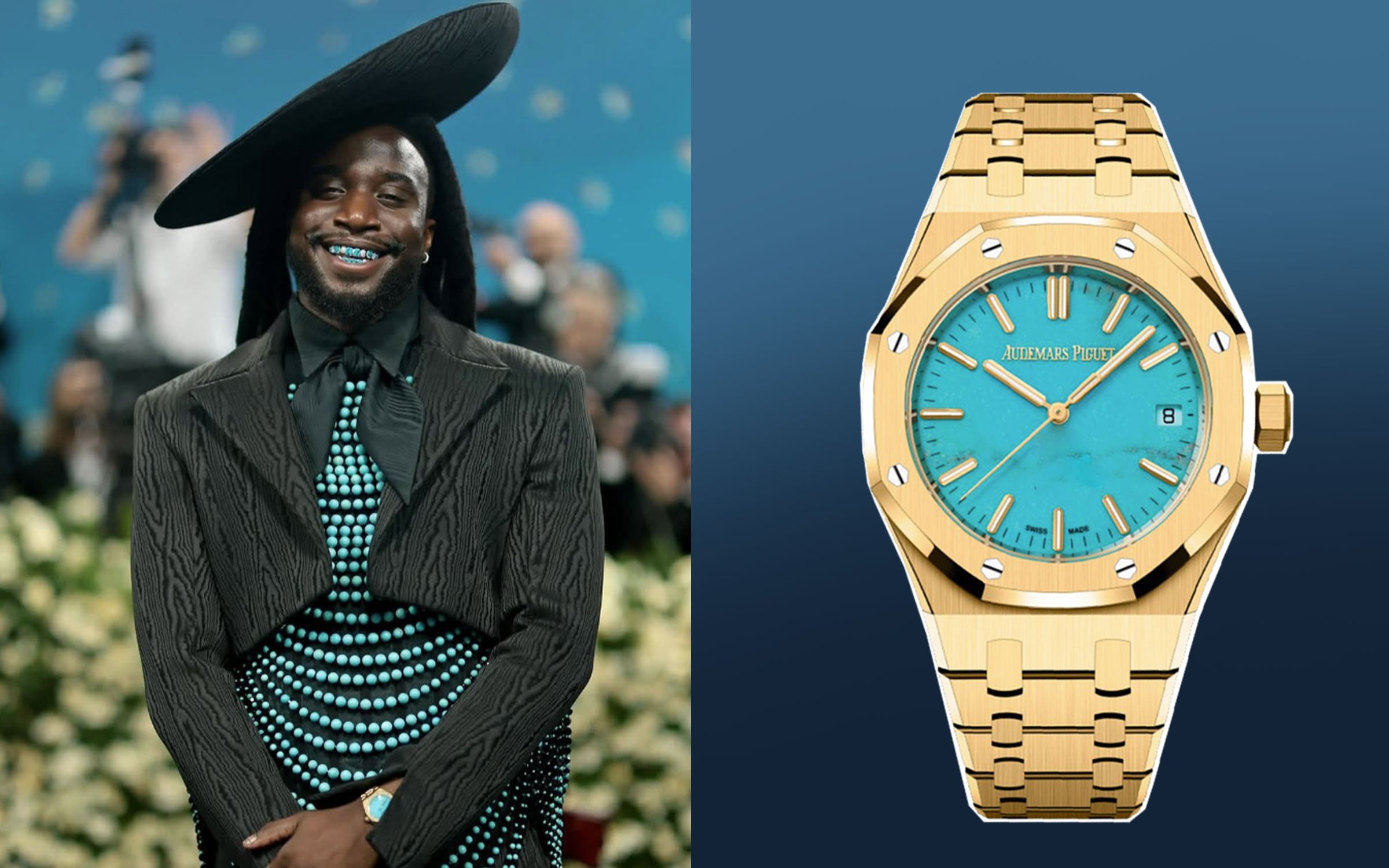 Shaboozey wears a turquoise Audemars Piguet Royal Oak at the 2025 Met Gala
