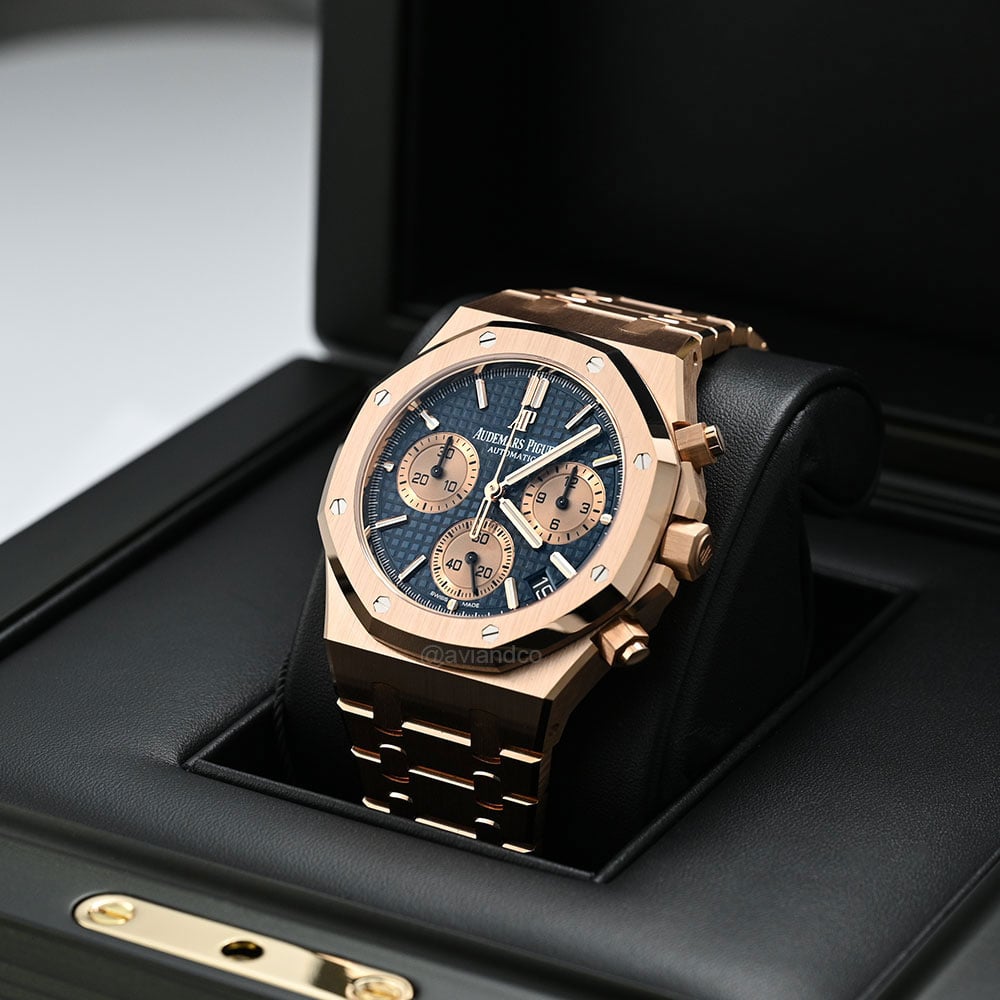 Audemars Piguet Royal Oak Chronograph, 18K Rose Gold, Blue Grande Tapisserie Dial