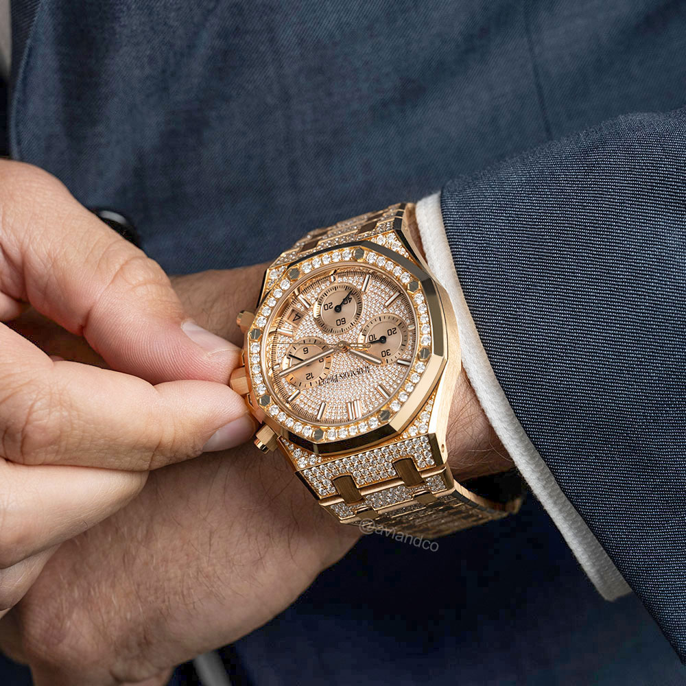 Audemars Piguet Royal Oak, 18K Rose Gold, Diamond Bezel, Pave Diamond Dial